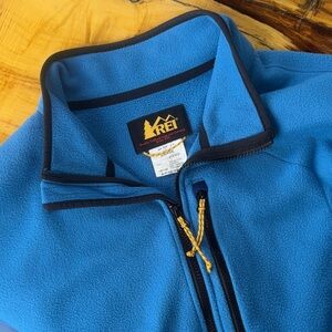REI Blue Fleece Zip up Jacket with Yellow Accents